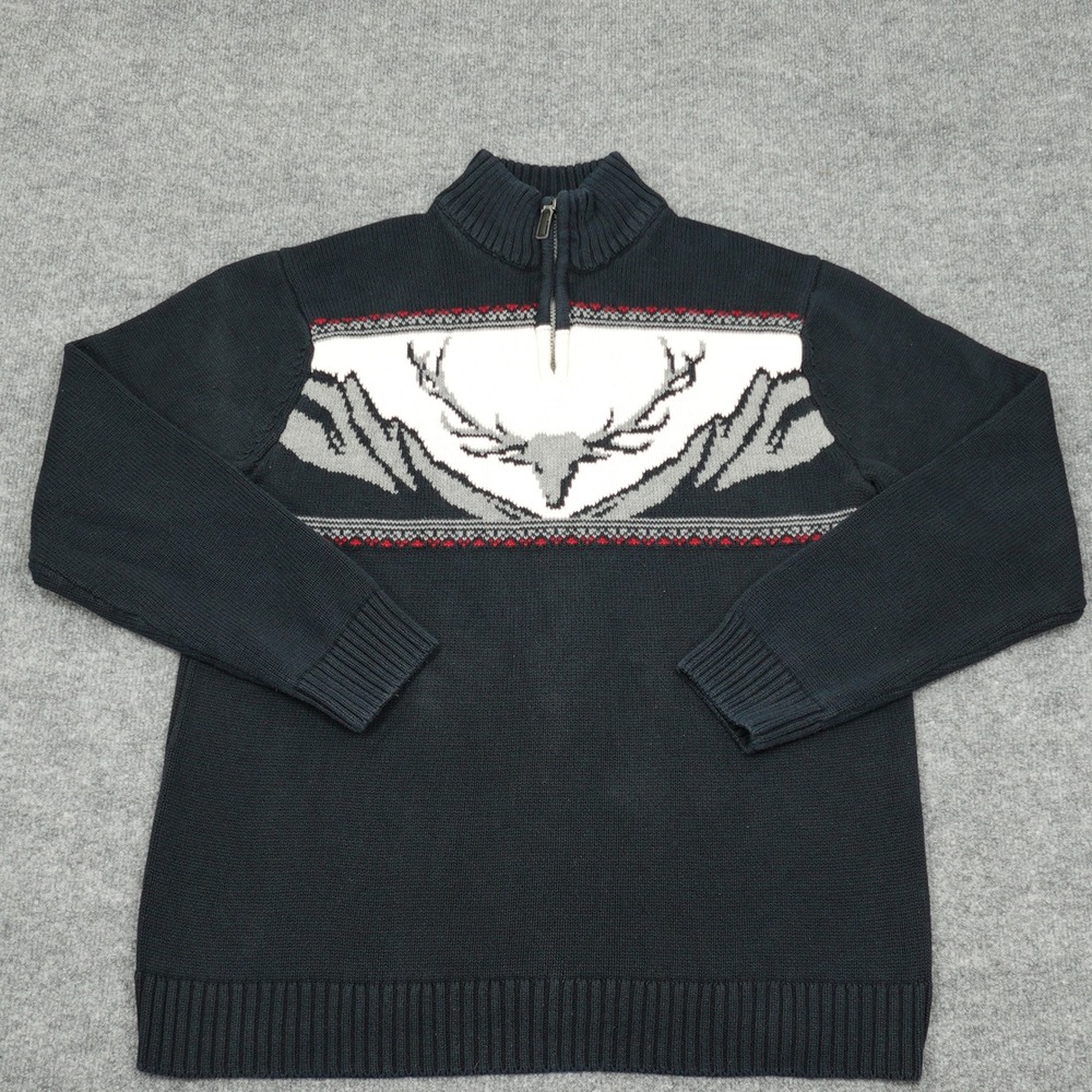 Chaps Sweater Men XL Black Deer Mountain Graphic Quarter Zip Cotton Pullover